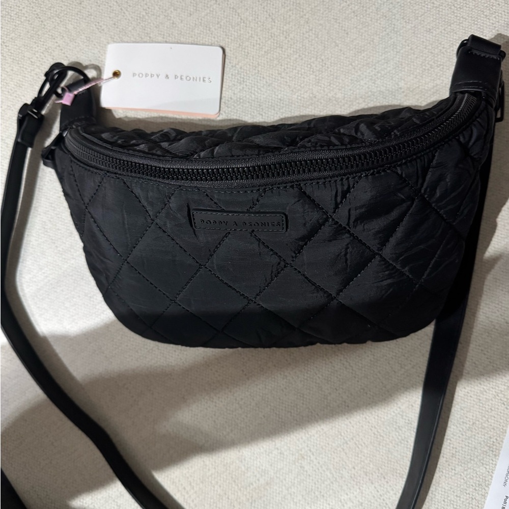 Poppy & Peonies Black Quilted Crossbody Bag